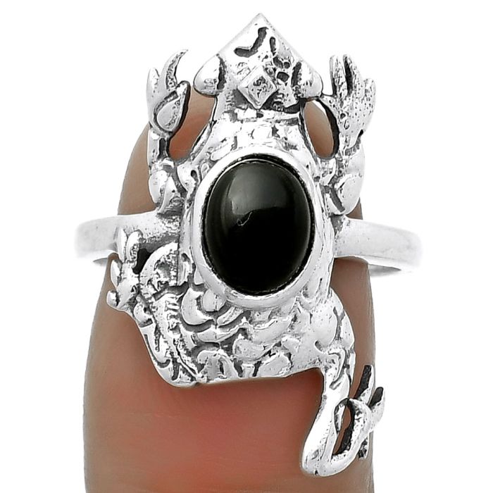 Frog - Natural Black Onyx - Brazil Ring size-8.5 SDR172775 R-1113, 6x8 mm