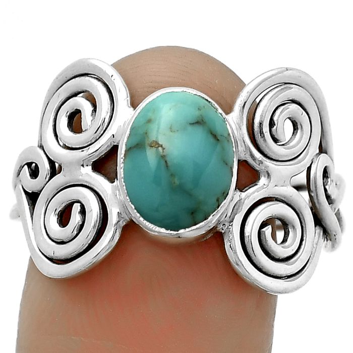 Spiral - Natural Kingman Turquoise 925 Sterling Silver Ring s.9 Jewelry R-1658, 7x9 mm