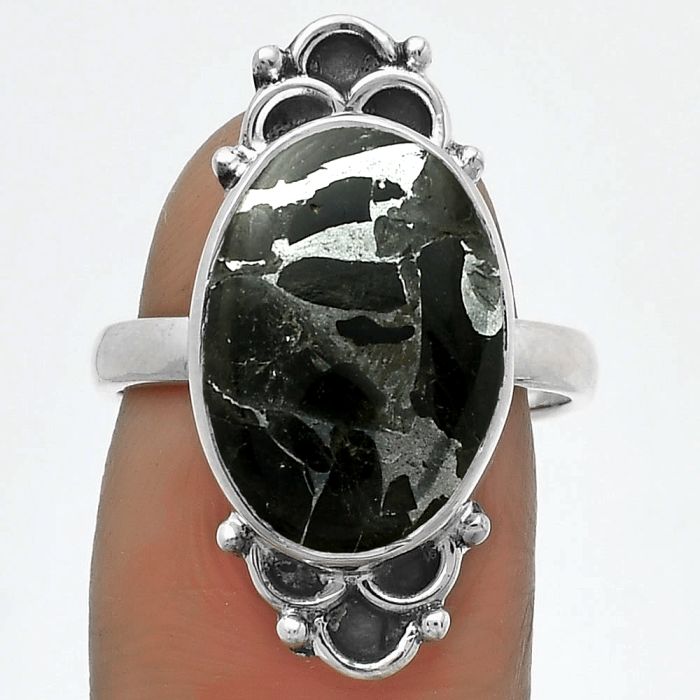 Natural Obsidian And Zinc Ring size-7.5 SDR174458 R-1104, 11x16 mm