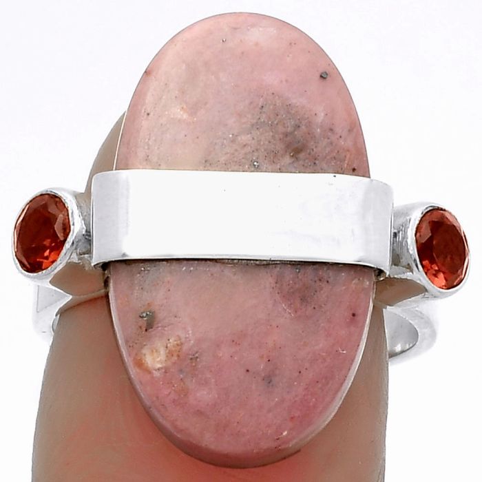 Natural Pink Tulip Quartz & Garnet Ring size-7.5 SDR174784 R-1313, 12x22 mm