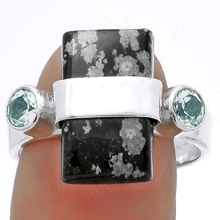 Snow Flake Obsidian & Sky Blue Topaz Ring size-9 SDR174800 R-1313, 9x16 mm