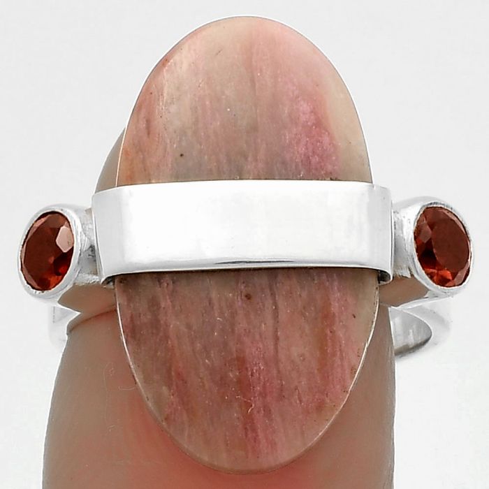 Natural Pink Tulip Quartz & Garnet Ring size-7 SDR174803 R-1313, 13x22 mm