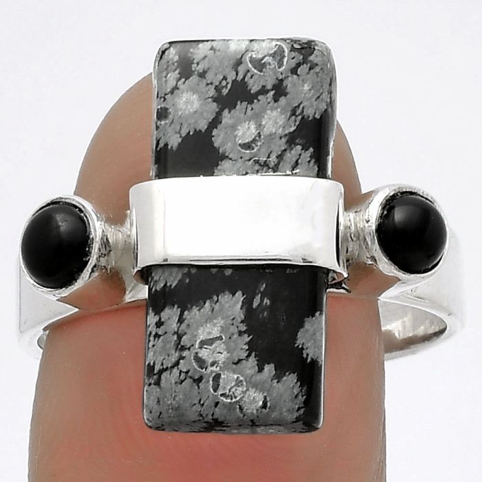 Snow Flake Obsidian & Black Onyx Ring size-9 SDR174810 R-1313, 8x18 mm