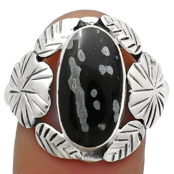 Southwest Design Snow Flake Obsidian Ring size-8.5 SDR176254 R-1352, 8x15 mm