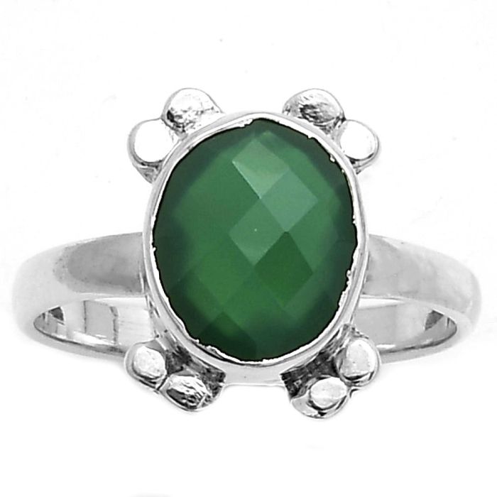 Faceted Natural Green Onyx Ring size-7.5 SDR177012 R-1091, 8x10 mm