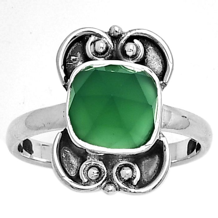 Faceted Natural Green Onyx Ring size-7 SDR180562 R-1121, 8x8 mm