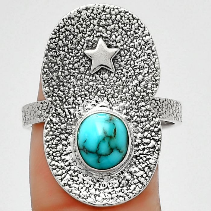 Star - Natural Kingman Turquoise 925 Sterling Silver Ring s.9 Jewelry R-1290, 7x8 mm