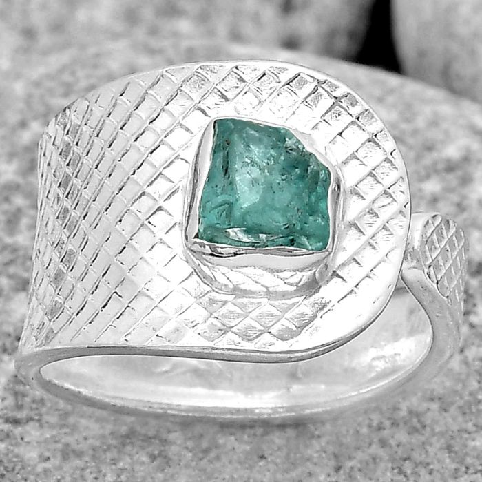 Adjustable - Aqua Apatite Rough Ring size-6.5 SDR187206 R-1319, 6x6 mm