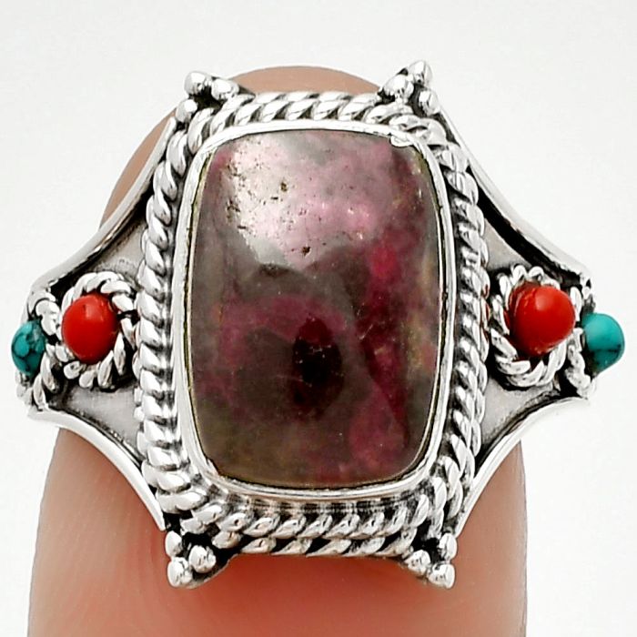 Tourmaline Quartz, Coral & Turquoise Ring size-8 SDR188400 R-1510, 9x12 mm