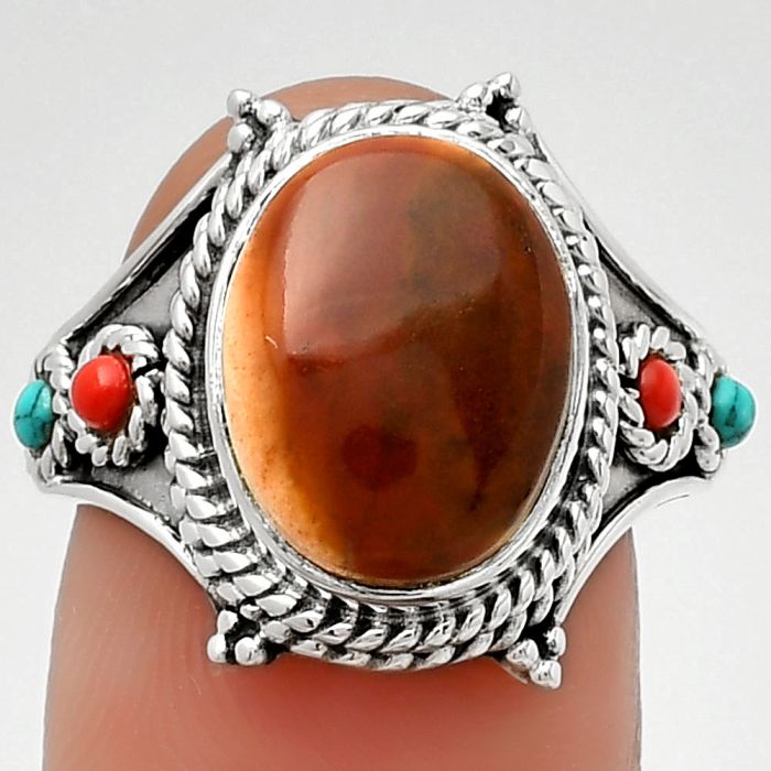 Red Moss Agate, Coral & Turquoise Ring size-7.5 SDR188404 R-1510, 10x13 mm