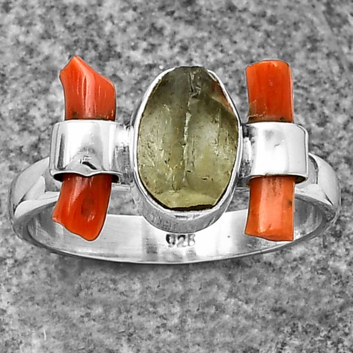 Aquamarine Rough & Coral Stick Ring size-7.5 SDR204879 R-1448, 6x8 mm