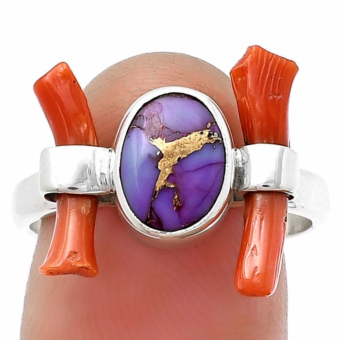 Copper Purple Turquoise & Coral Stick Ring size-8 SDR204885 R-1448, 7x9 mm