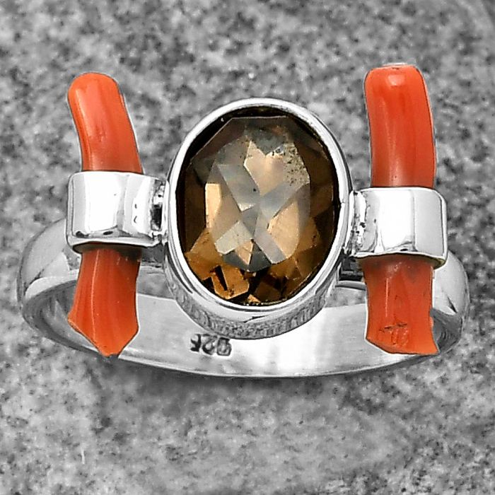 Smoky Quartz - Brazil & Coral Stick Ring size-6.5 SDR204886 R-1448, 7x9 mm