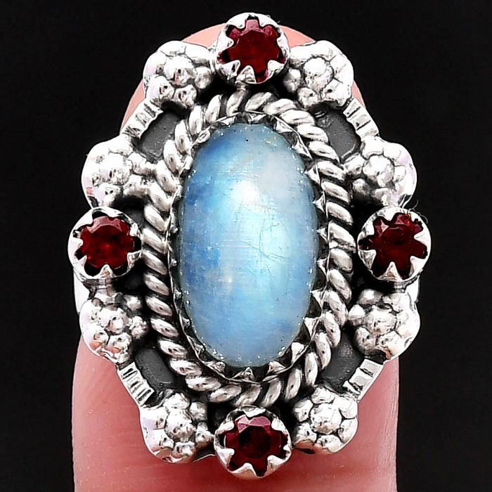 Rainbow Moonstone and Garnet Ring size-7 SDR223230 R-1264, 7x12 mm