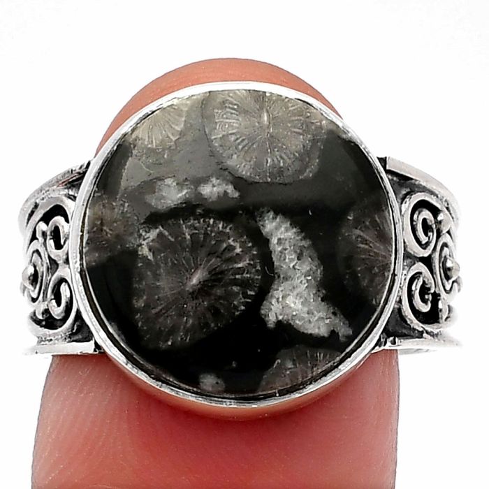 Black Flower Fossil Coral Ring size-9 SDR225271 R-1431, 15x15 mm