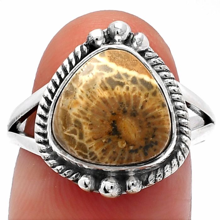 Flower Fossil Coral Ring size-8 SDR225624 R-1253, 11x11 mm