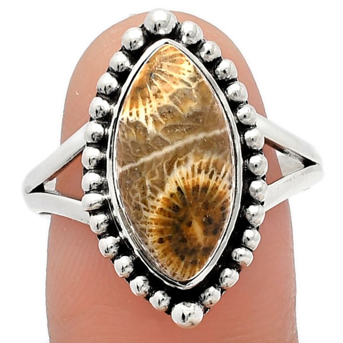 Flower Fossil Coral Ring size-9.5 SDR225896 R-1154, 8x16 mm