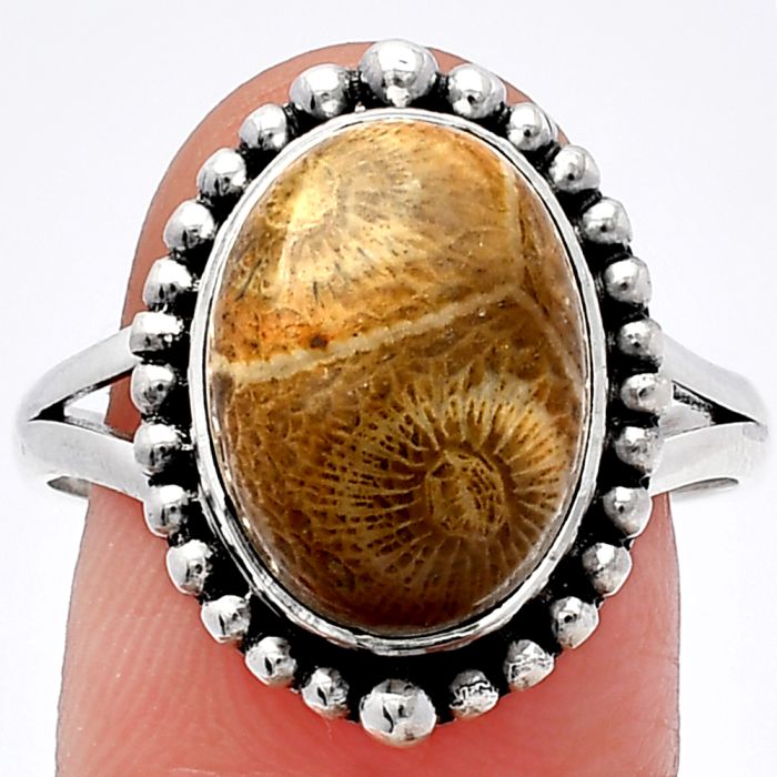 Flower Fossil Coral Ring size-10 SDR226015 R-1154, 10x14 mm