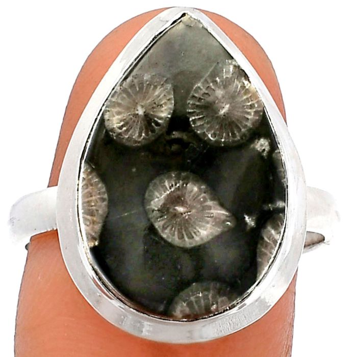 Black Flower Fossil Coral Ring size-9 SDR226280 R-1007, 13x19 mm