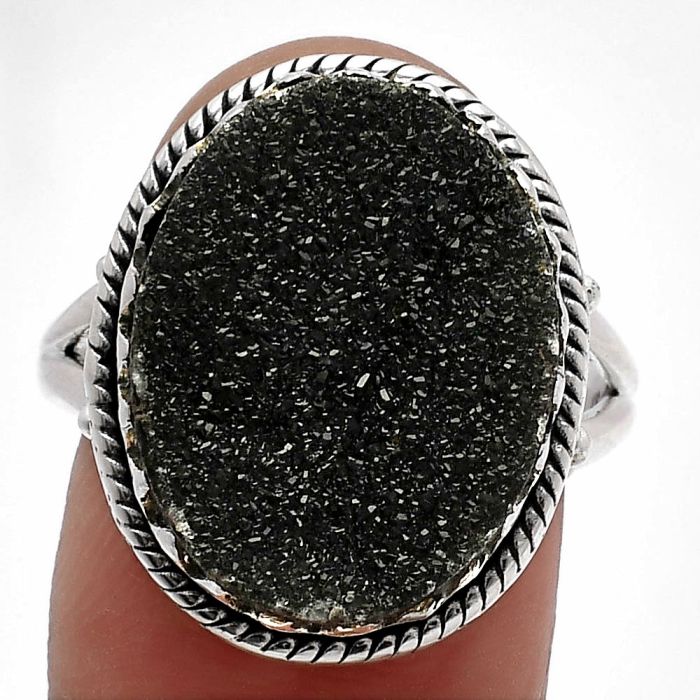 Black Druzy Ring size-9 SDR227414 R-1474, 14x19 mm