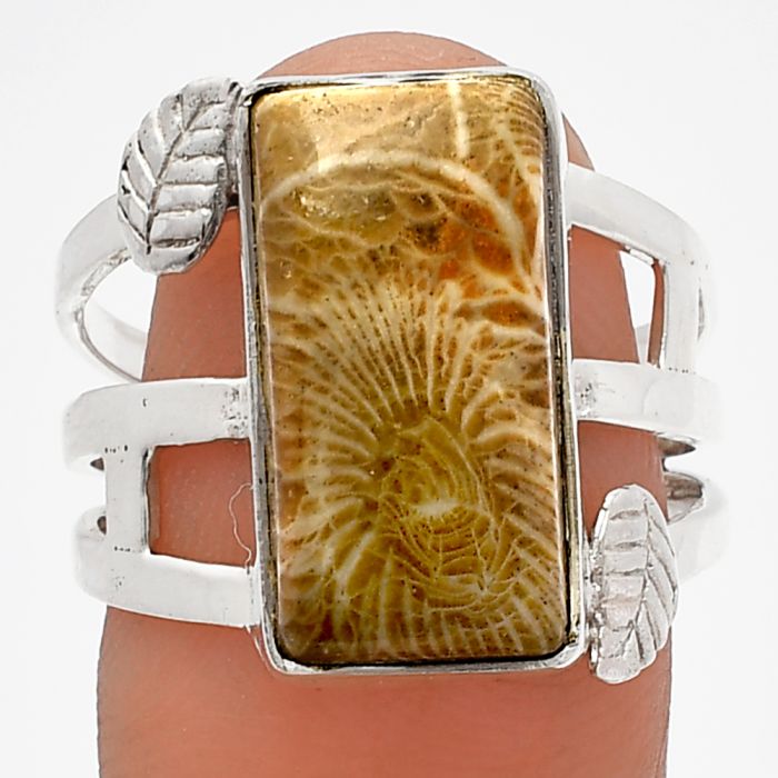 Flower Fossil Coral Ring size-8.5 SDR227728 R-1400, 9x17 mm