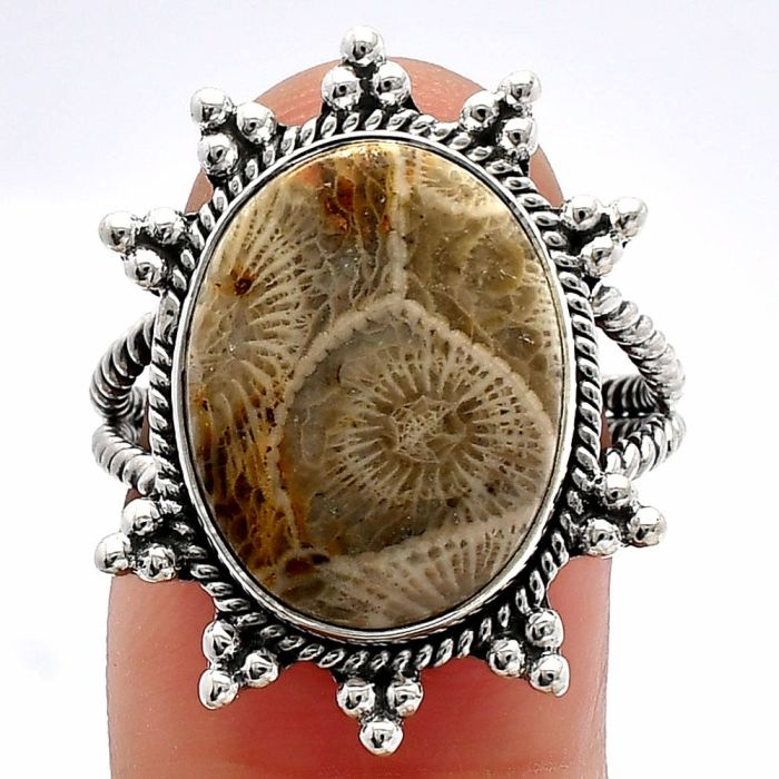 Flower Fossil Coral Ring size-8 SDR228570 R-1234, 13x16 mm