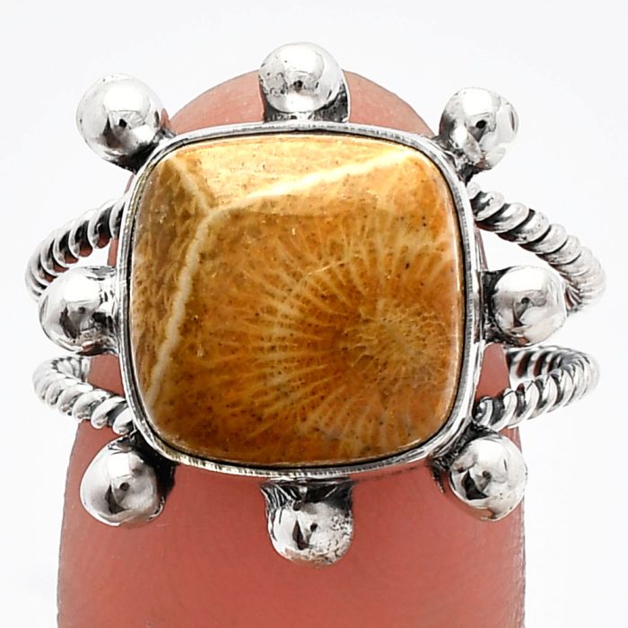 Flower Fossil Coral Ring size-9 SDR229101 R-1268, 12x12 mm