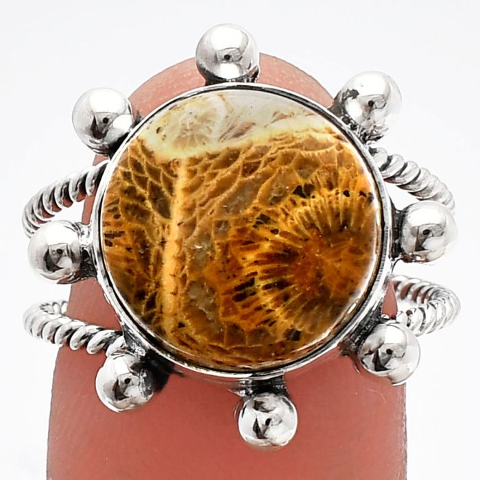 Flower Fossil Coral Ring size-8 SDR229117 R-1268, 13x13 mm