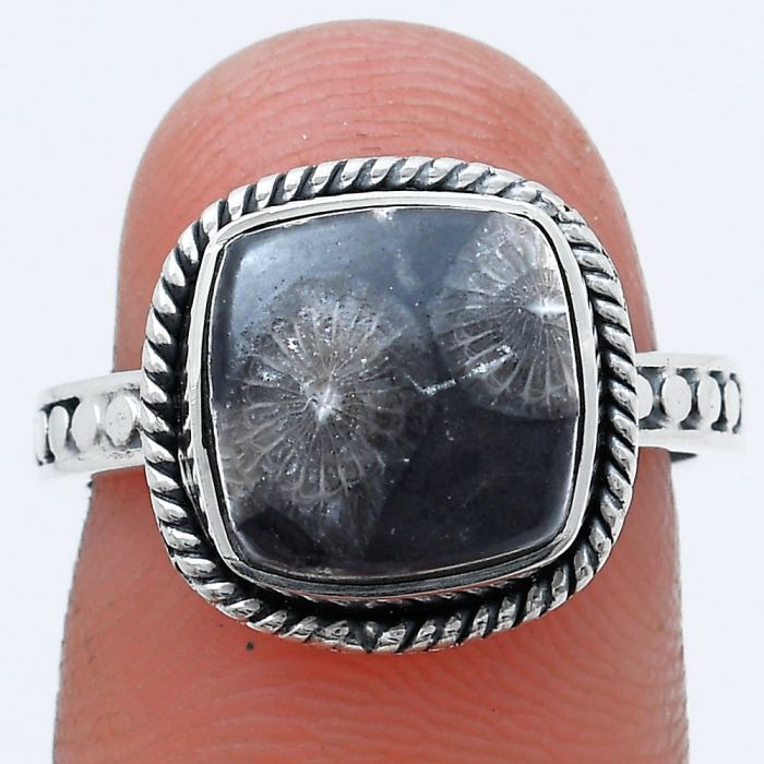 Black Flower Fossil Coral Ring size-7 SDR229269 R-1066, 10x10 mm