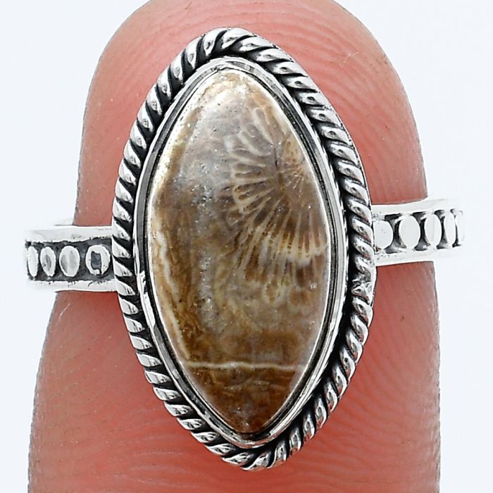 Flower Fossil Coral Ring size-6 SDR229312 R-1066, 8x16 mm