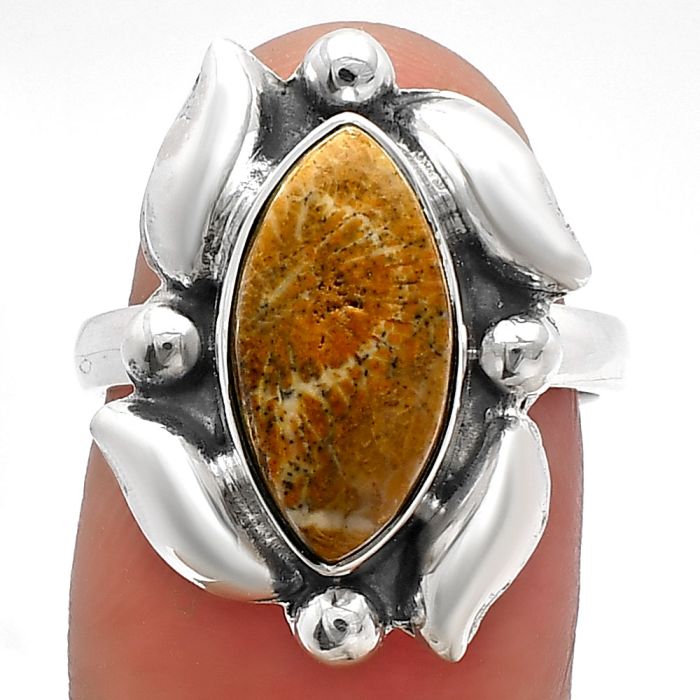 Flower Fossil Coral Ring size-7 SDR229501 R-1125, 8x14 mm