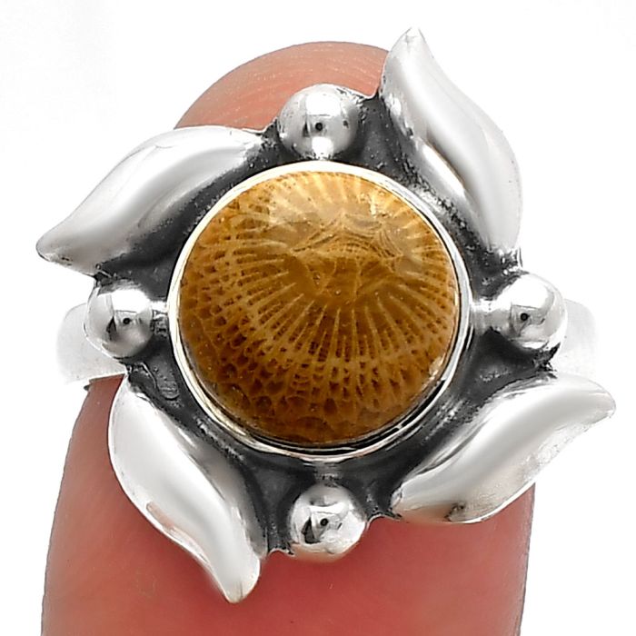 Flower Fossil Coral Ring size-8 SDR229512 R-1125, 10x10 mm