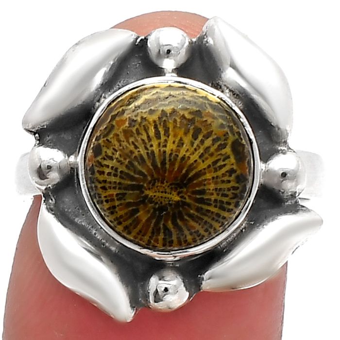 Flower Fossil Coral Ring size-7.5 SDR229550 R-1125, 10x10 mm