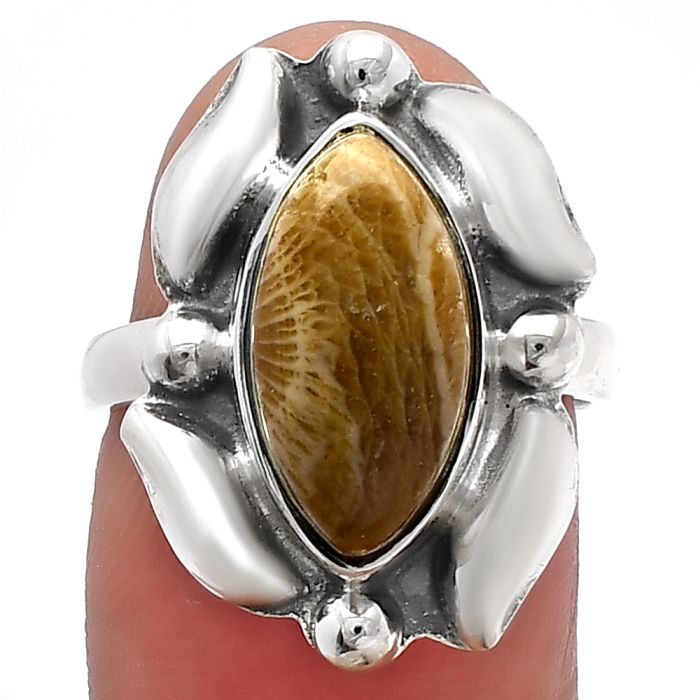 Flower Fossil Coral Ring size-6.5 SDR229552 R-1125, 8x15 mm