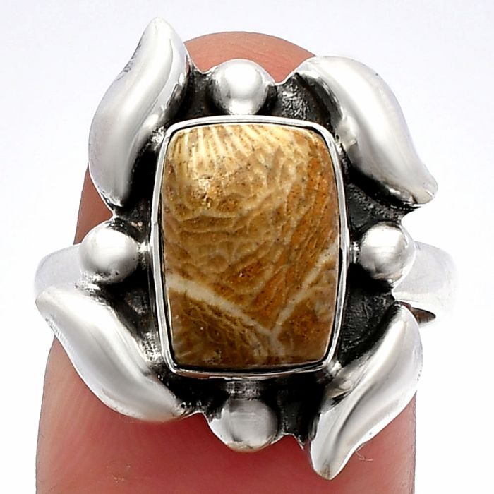 Flower Fossil Coral Ring size-7 SDR229595 R-1125, 8x11 mm