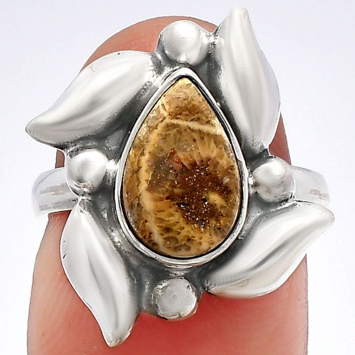 Flower Fossil Coral Ring size-6 SDR229598 R-1125, 7x11 mm