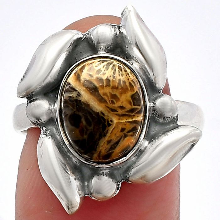 Flower Fossil Coral Ring size-8 SDR229616 R-1125, 9x11 mm