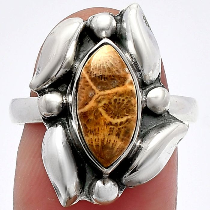 Flower Fossil Coral Ring size-8 SDR229636 R-1125, 7x13 mm