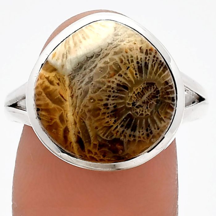 Flower Fossil Coral Ring size-9.5 SDR230526 R-1005, 15x15 mm