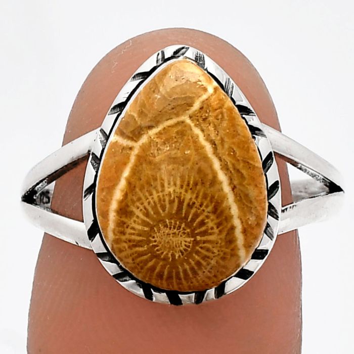 Flower Fossil Coral Ring size-9 SDR230799 R-1074, 11x15 mm