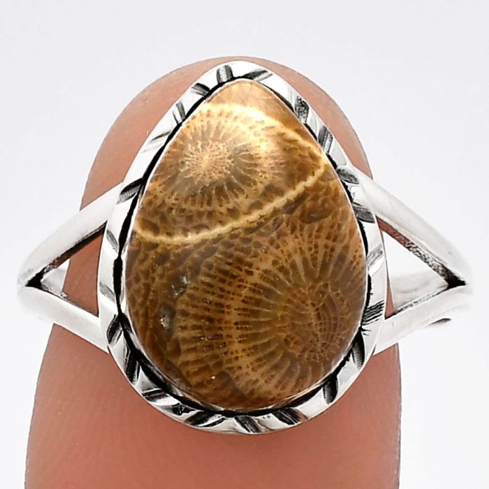 Flower Fossil Coral Ring size-9.5 SDR230901 R-1074, 11x15 mm