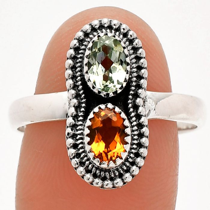 Prasiolite (Green Amethyst) and Padparadscha Sapphire Ring size-9.5 SDR231260 R-1386, 6x4 mm