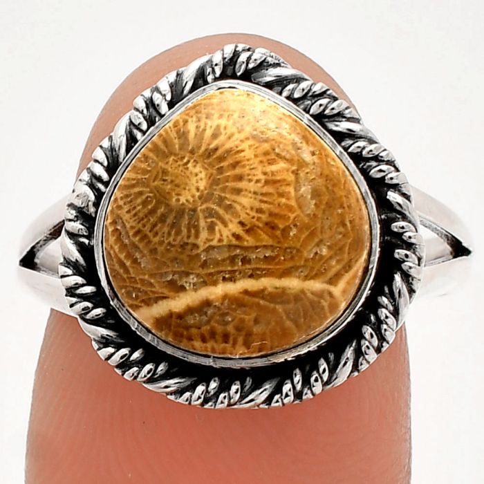 Flower Fossil Coral Ring size-9 SDR231509 R-1014, 12x12 mm