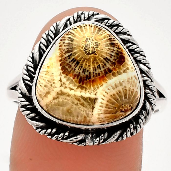 Flower Fossil Coral Ring size-9.5 SDR231510 R-1014, 13x13 mm