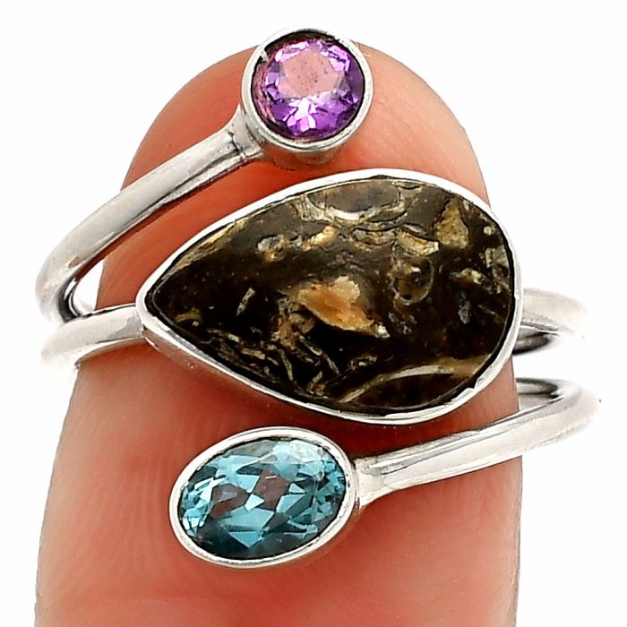 Copper Abalone Shell, Sky Blue Topaz & Amethyst Ring size-7 SDR232084 R-1209, 9x13 mm