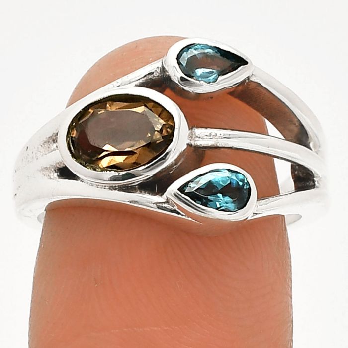 Smoky Quartz and London Blue Topaz Ring size-7 SDR233185 R-1024, 7x5 mm