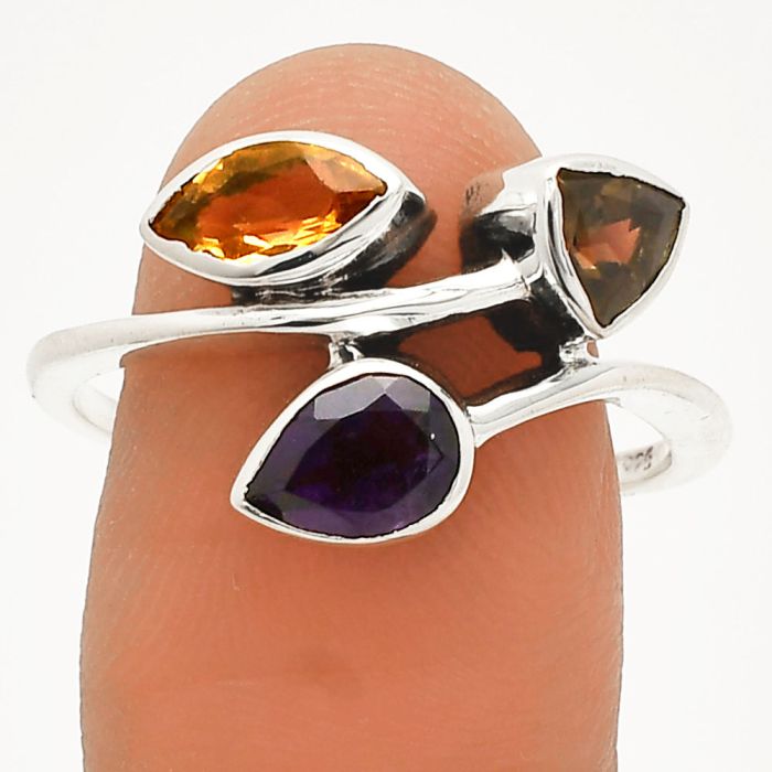 African Amethyst, Citrine & Smoky Quartz Ring size-10 SDR233257 R-1040, 7x5 mm