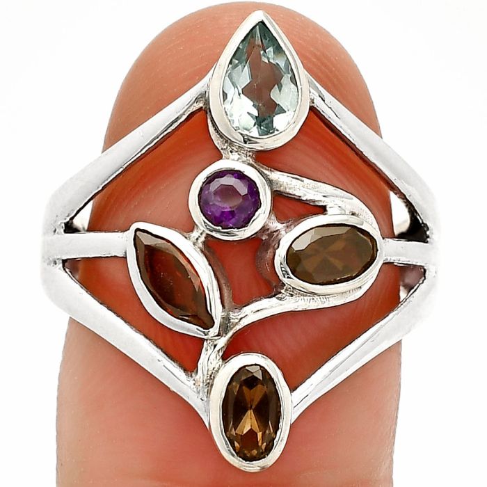 Sky Blue Topaz, Garnet, Smoky Quartz & Amethyst Ring size-7 SDR233634 R-1028, 4x6 mm