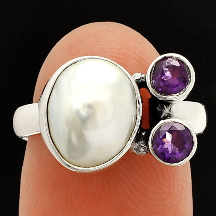 Natural Fresh Water Biwa Pearl and Amethyst Ring size-8 SDR234900 R-1122, 9x11 mm