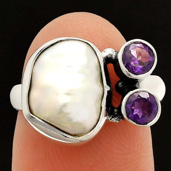 Natural Fresh Water Biwa Pearl and Amethyst Ring size-7 SDR234901 R-1122, 9x12 mm